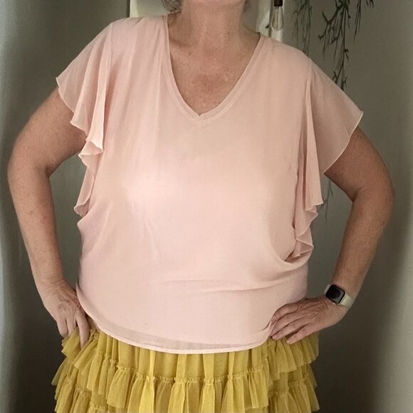 Worthington Pale Pink Sheer Layer Flutter Sleeve Shirt V Neck - Picture 4 of 5